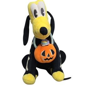 Disney Halloween Pluto Plush in Skeleton Costume and Pumpkin Bucket 9 inches
